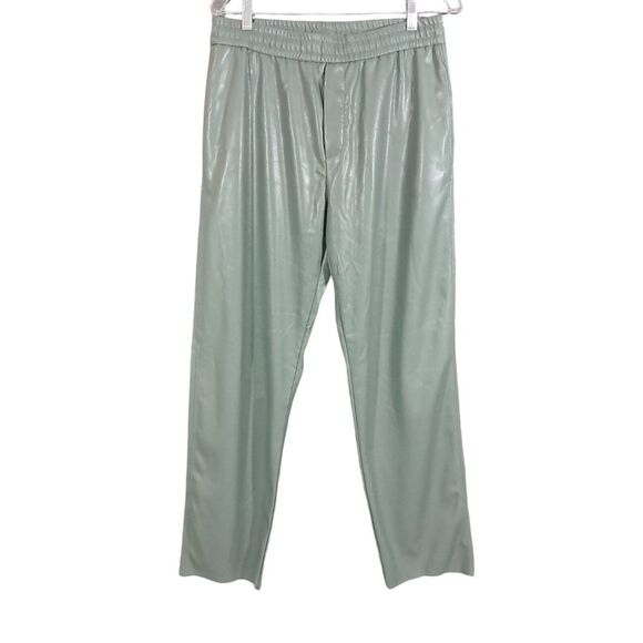 Zara Pants - Zara Pants Women Medium Green Wide Leg Faux Leather Raw Hem Elastic Waist Office